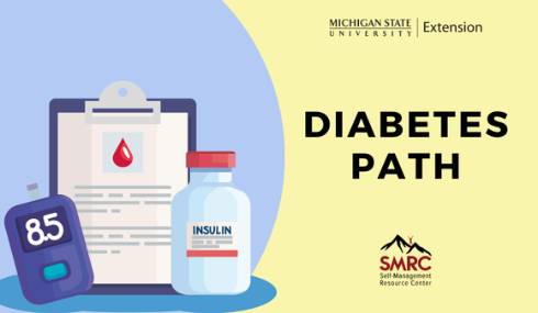 Diabetes PATH title with glucose monitor, medical chart, and insulin.