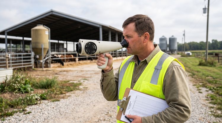 person in yellow vest with nose on a cone to assess odor with barn in background