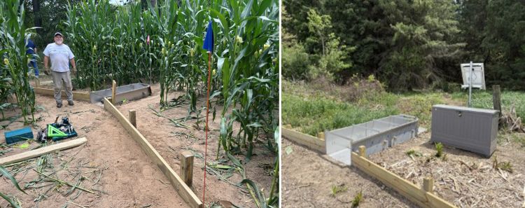 Side-by-side photos show the installation of a metal water flume in a cornfield, with wooden supports marking the channel and a person standing beside the work area in the left image. The completed installation is shown on the right with the flume, a gray equipment box, and monitoring equipment.