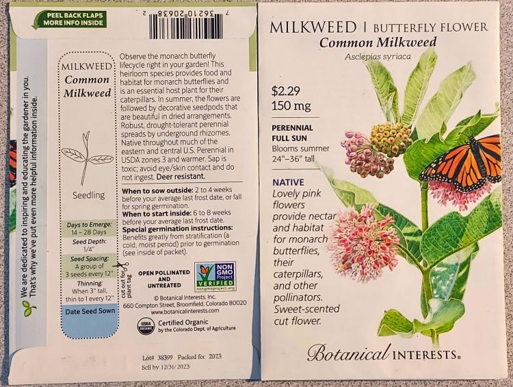 Front and back of a common milkweed seed packet display planting instructions and illustrations of flowers and a monarch butterfly.