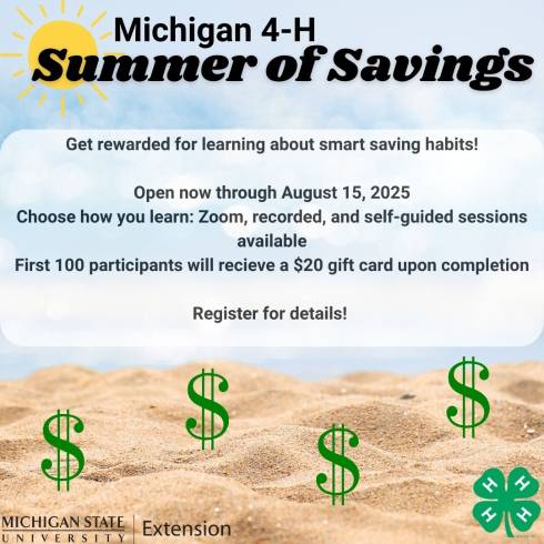 There is beach sand with dollar signs in the sand along with blue skies and a yellow sun.  Details on the Summer of Savings program along with the 4-H clover completed the image.