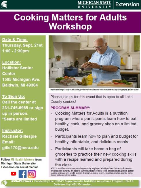 Cooking Matters for Adults Workshop Flyer with Date/time/location/contact/class description