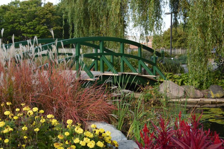 A bridge during springtime at the 4-H Children's Garden on Michigan State University's campus.