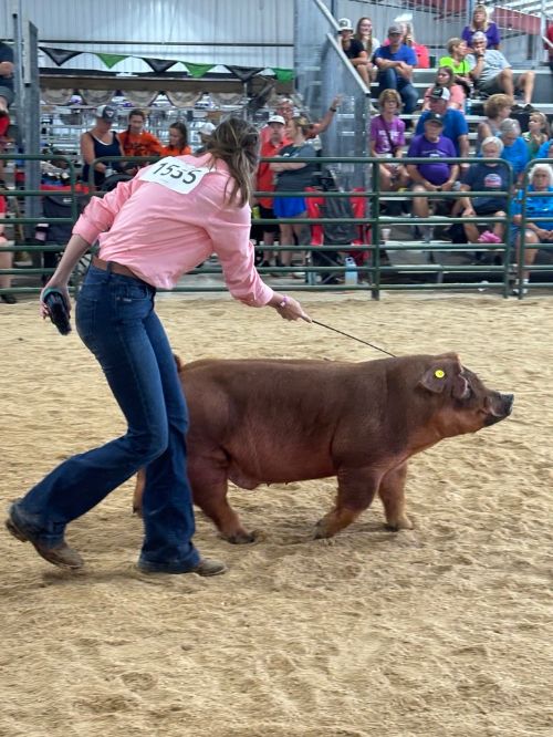 A girl in jeans in a pink shirt driving a red hog.
