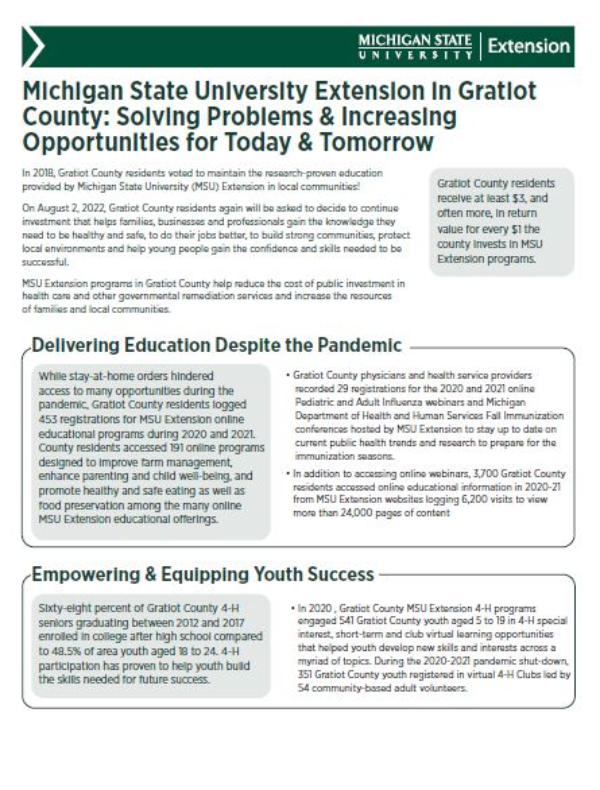 Thumbnail of MSU Extension in Gratiot Co.: Solving Problems & Increasing Opportunities for Today & Tomorrow document.