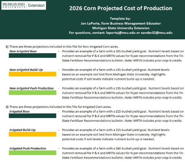 Front page of the instructions tab for the 2026 Corn Projected Cost of Production Tool.