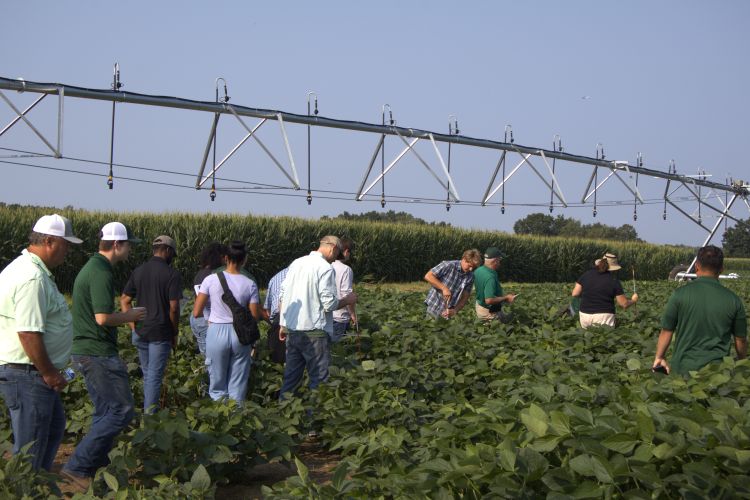 A group of people standing in a field under a pivot irrigation system.