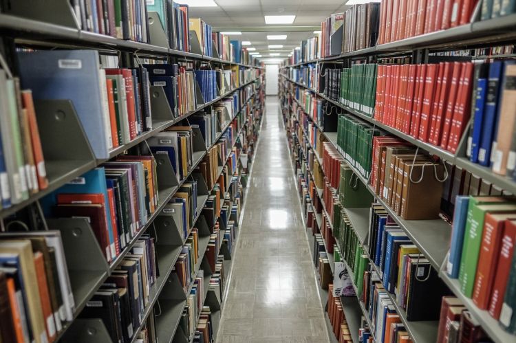 Book shelves in the MSU Main Library