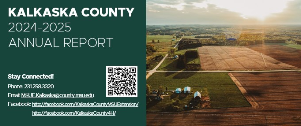 Portion of Front page of annual report showing office contact information alongside landscape image of farmland and dirt roads from above in early morning light.