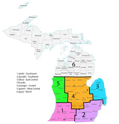 A sectioned-off map of Michigan showing the regions that were covered by a wheat watcher.