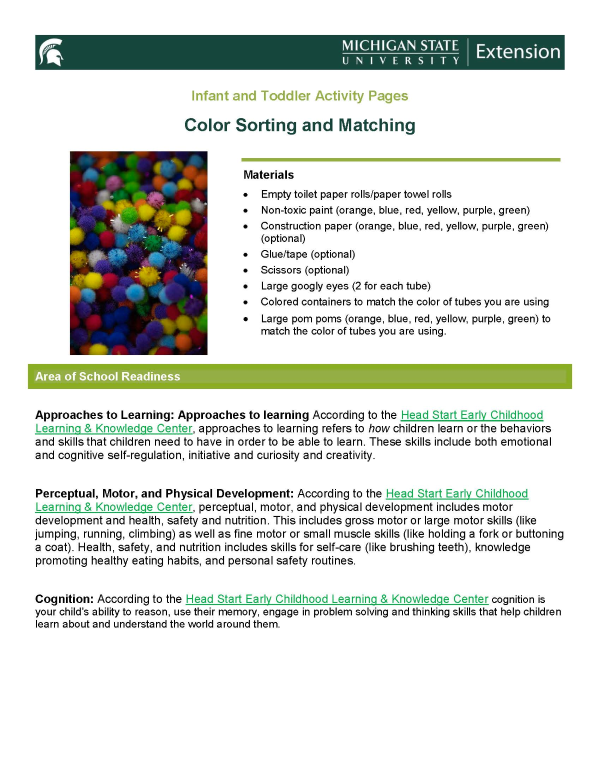 First page of the color sorting activity page.