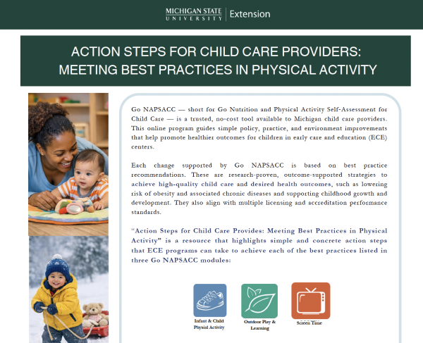 A cover photo of the Action Steps for Child Care Providers: Meeting Best Practices in Physical Activity featuring two photos including one of a woman playing with a young child and another of a small child pulling a sleigh through the snow.
