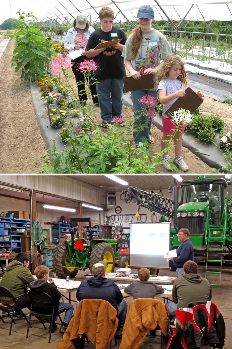 Youth looking at flowers and sitting in tractor safety class