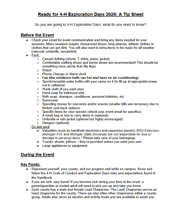 4-H Exploration Days 2026 tip sheet