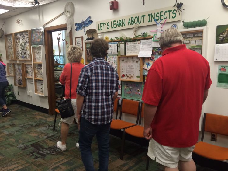 Three people in the Bug House viewing displays.