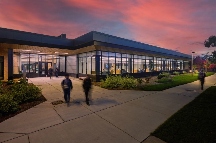 Front of the MSU School of Packaging Building at Twighlight.