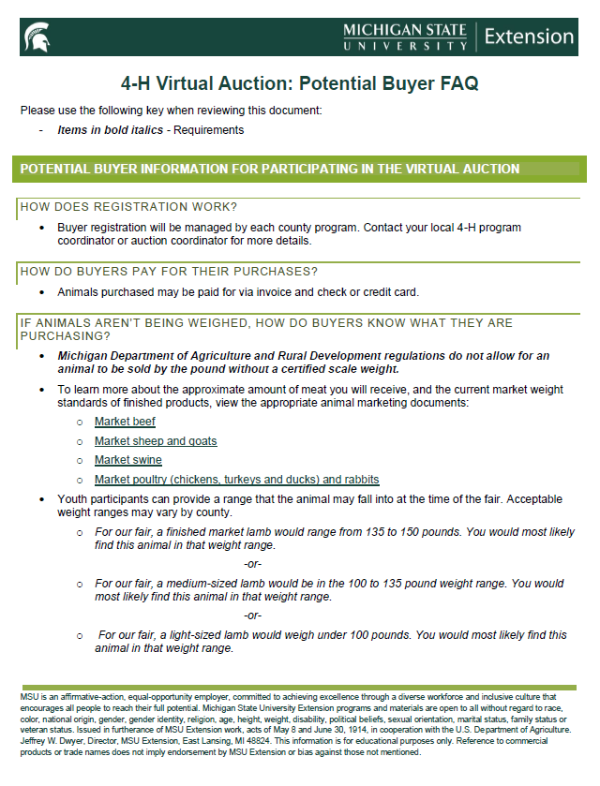 Thumbnail of the 4-H Virtual Auction - Potential Buyer FAQ document.