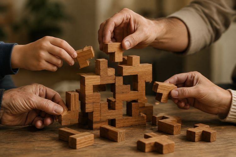 four hands putting together a 3D puzzle.