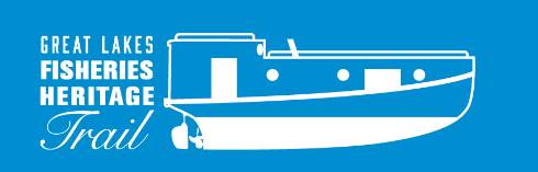 Great Lakes Fisheries Heritage Trail logo white words and image of boat on blue background.