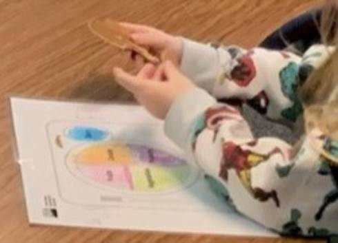 Child's hands holding a cookie over a nutrition worksheet.