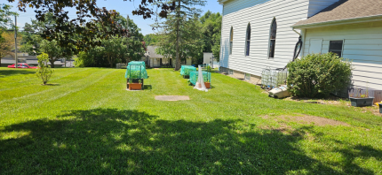 A yard with small greenhouses and a white building.