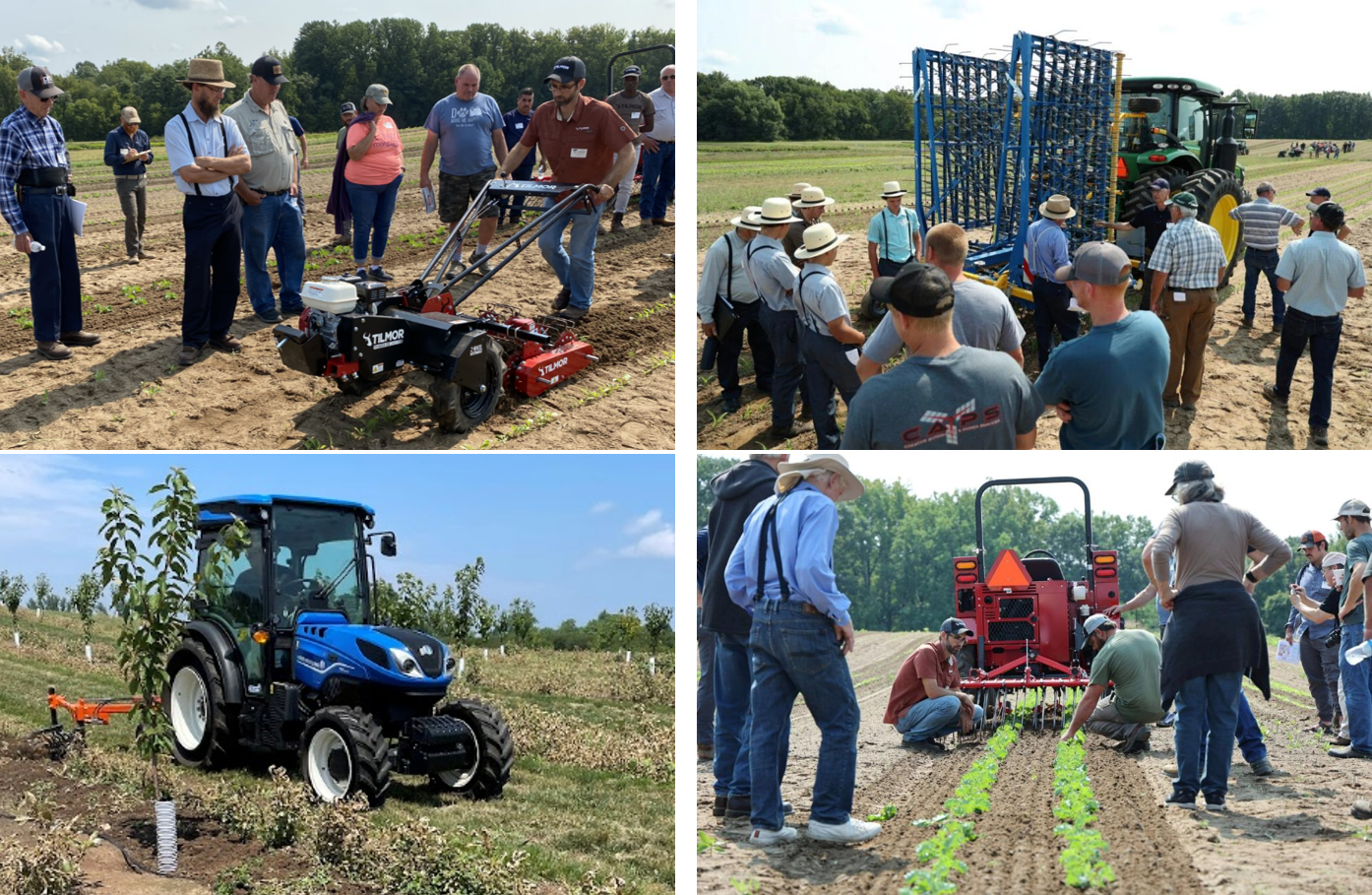 Collage showing field day attendees observing demonstrations of mechanical weed-control equipment, including walk-behind cultivators and tractor-mounted implements in crop rows.