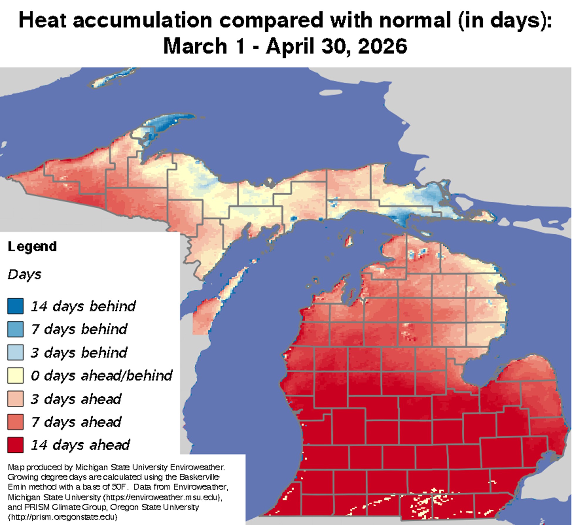 Map of Michigan showing heat accumulation compared to normal from March 1 to April 30, 2026, with most southern areas 7&ndash;14 days ahead of normal (red) and northern areas closer to average or slightly behind (light/blue).