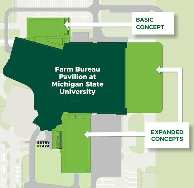 A layout of the Farm Bureau Pavilion. The Basic Concept is shown on the east side of the facility. The Expanded Concepts are shown on the west and south sides of the facility.