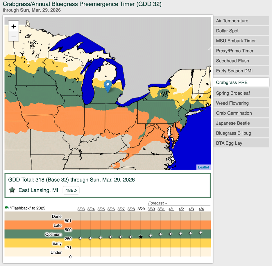 The GDDTracker showing crabgrass/annual bluegrass preemergence timer through Sunday, March 29, 2026, for Michigan and the Great Lakes region.