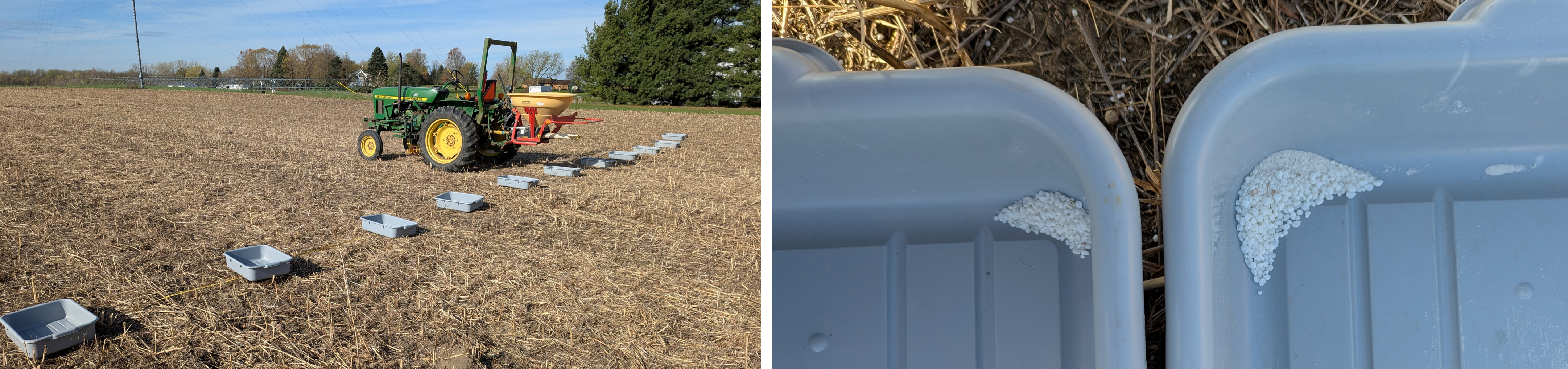A tractor spreader in the field with a row of gray bins before it, and a closeup of the fertilizer pellets in the gray bins.
