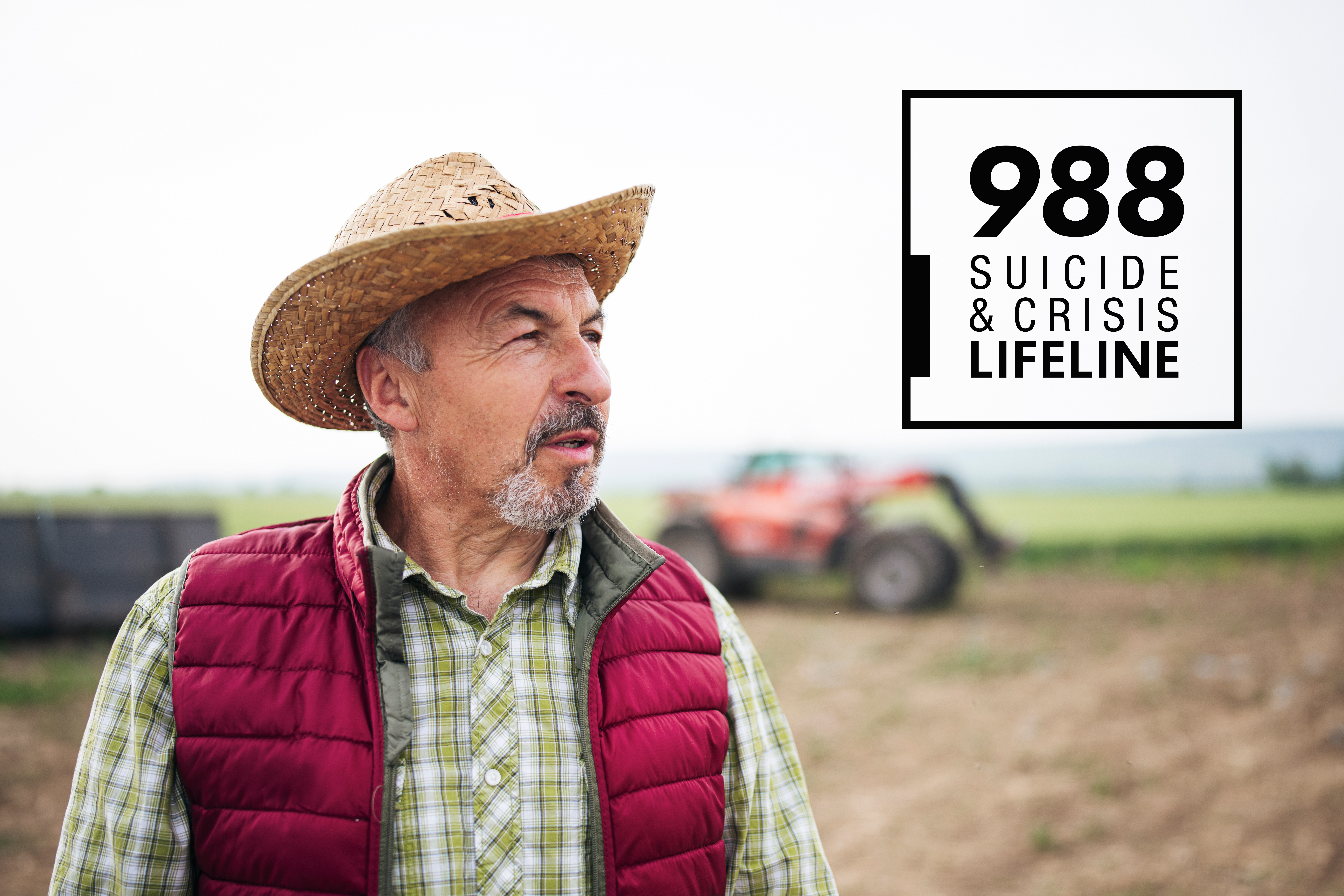Graphic depicting a farmer in the field and text that says "988 Suicide and Crisis Lifeline")
