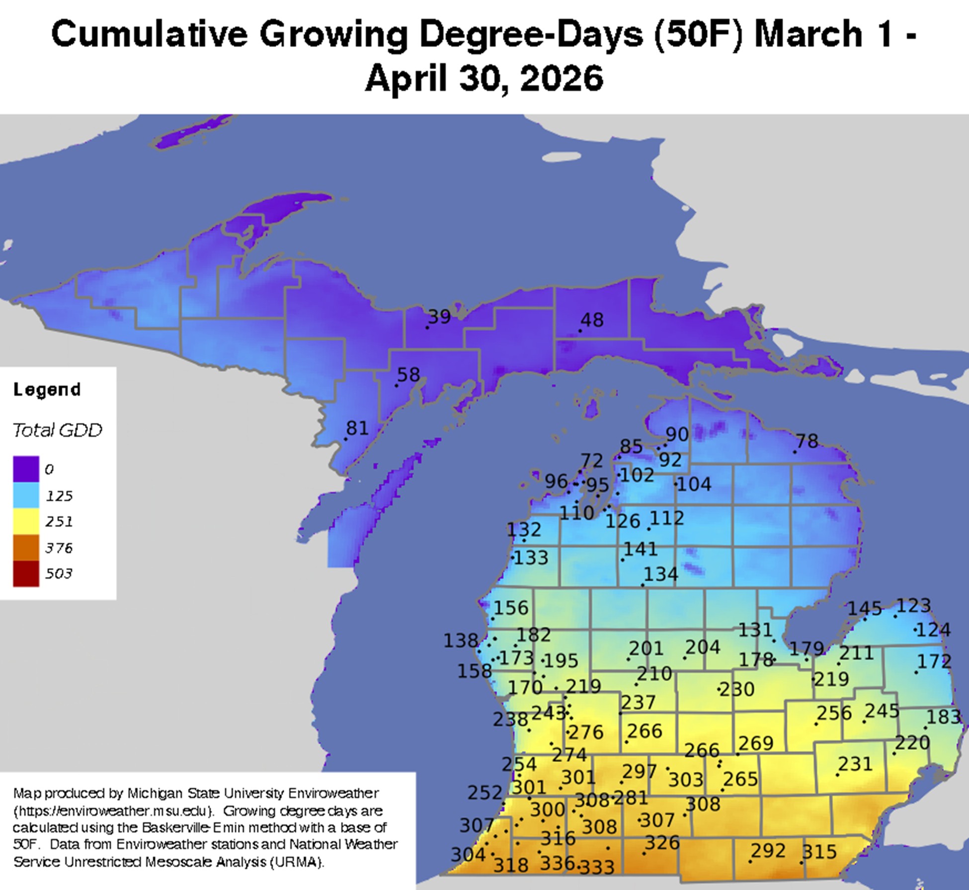 Map of Michigan showing cumulative growing degree-days (base 50&deg;F) from March 1 to April 30, 2026, with lower totals in northern regions (blue/purple) and higher totals in southern regions (yellow/orange).