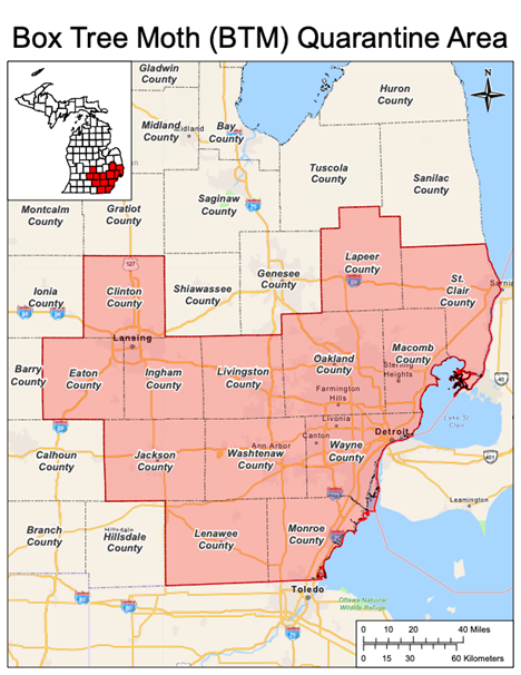 A map of southeast Michigan with the quarantined counties highlighted in red. Those counties include Clinton, Lapeer, St. Clair, Eaton, Ingham, Livingston, Oakland, Macomb, Jackson, Washtenaw, Wayne, Lenawee and Monroe.