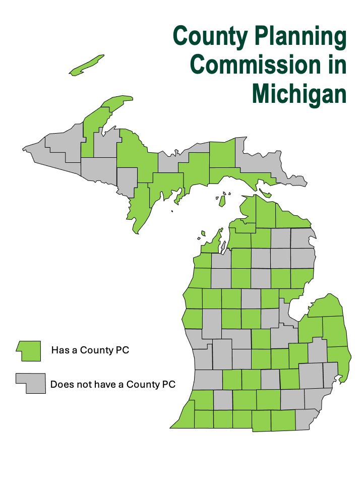 Counties with a county planning commission: Keweenaw, Houghton, Marquette, Menominee, Delta, Schoolcraft, Luce, Mackinac, Emmet, Cheboygan, Presque Isle, Charlevoix, Antrim, Otsego, Kalkaska, Missaukee, Leelanau, Benzie, Manistee, Mason, Oceana, Lake, Osceola, Iosco, Arenac, Gladwin, Ogemaw, Mecosta, Isabella, Gratiot, Clinton, Shiawassee, Genesee, Tuscola, Huron, Sanilac, Saint Clair, Livingston, Eaton, Barry, Calhoun, Jackson, Lenawee, Hillsdale, Branch, Saint Joseph, Cass, Berrien, Van Buren.