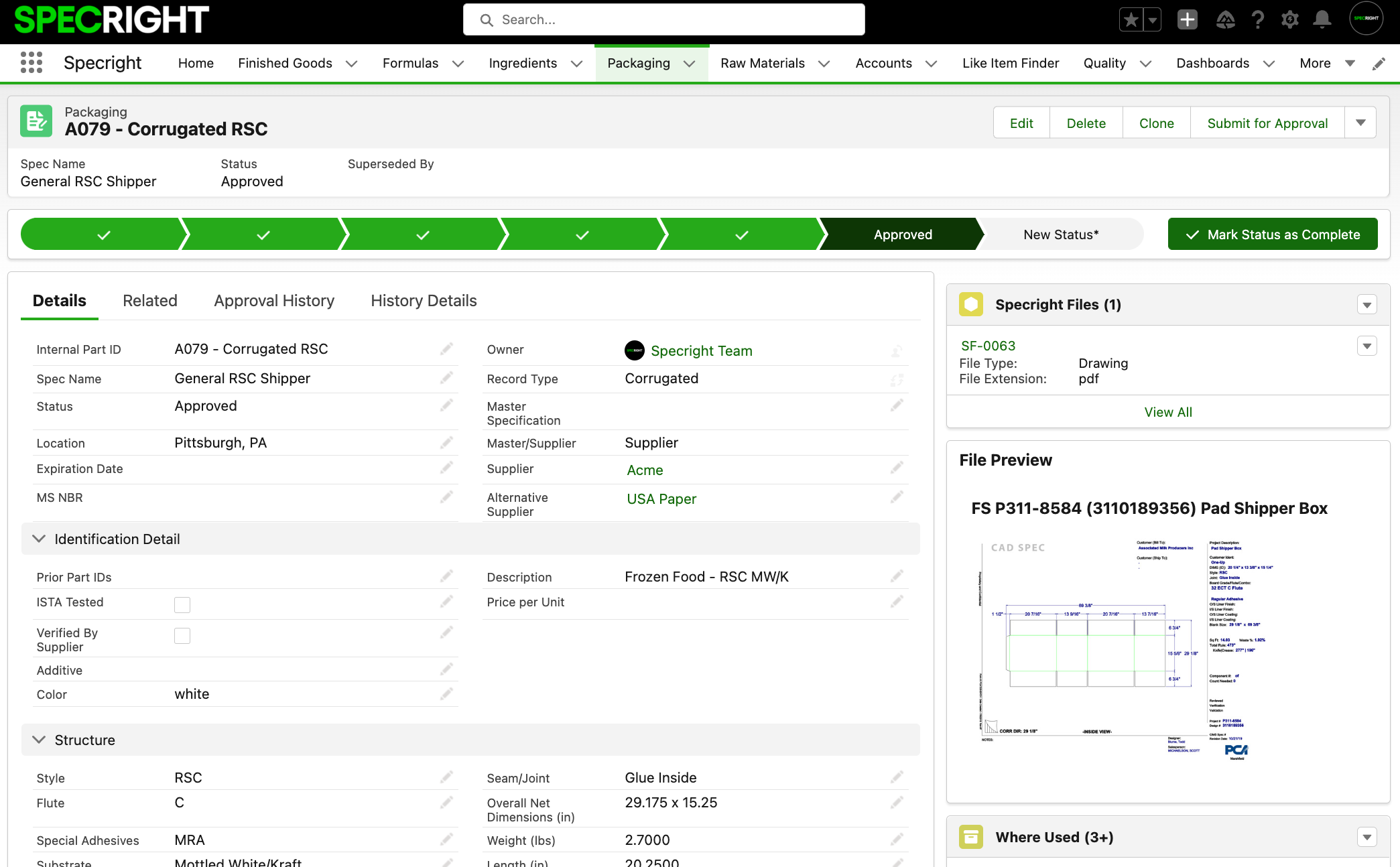 Screenshot of Sprecright's Packaging Spec Software