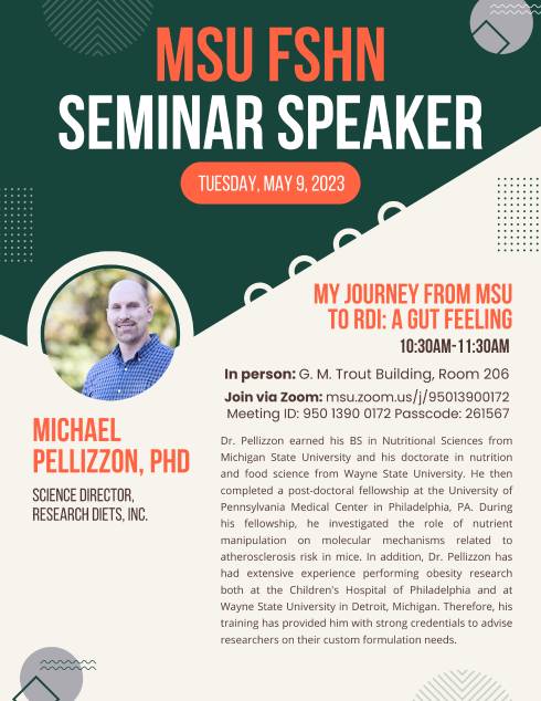 MSU FSHN Seminar Speaker Flyer for Tuesday, May 9. All information listed in the Event Description.