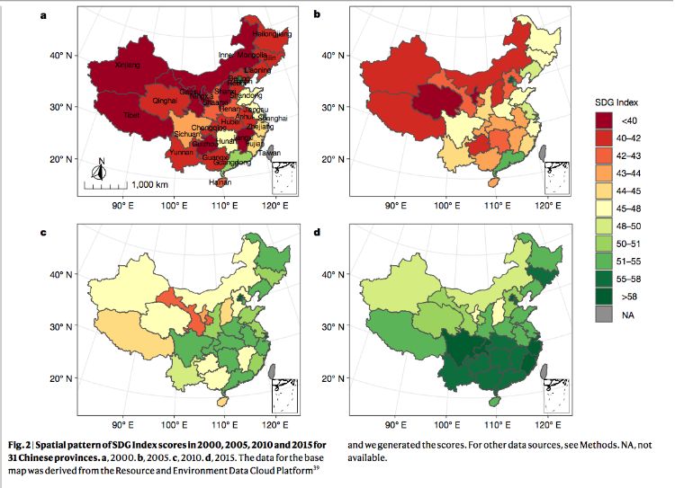 Spatial pattern of SDG Index scores in 2000, 2005, 2010 and 2015 for 31 Chinese provinces.