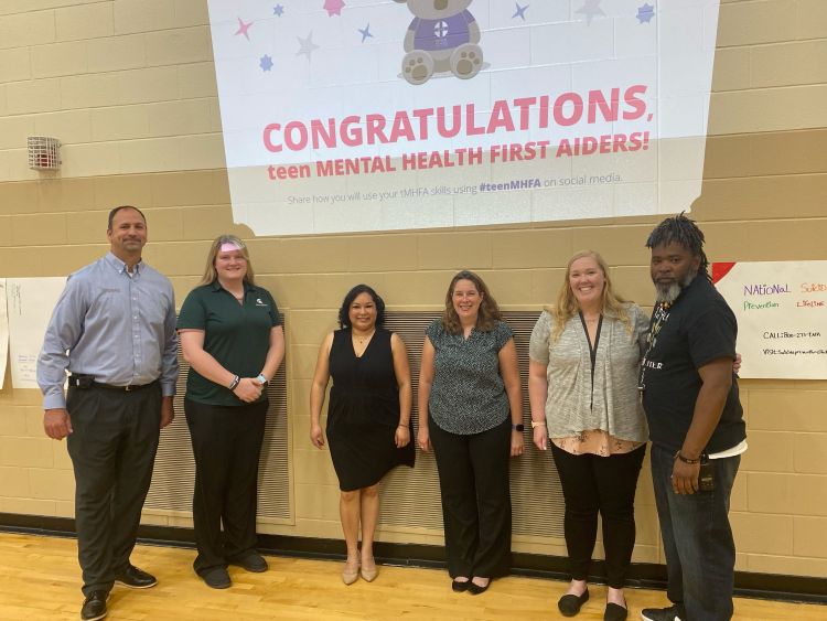 The Steelcase Foundation funded Teen Mental Health First Aid training for three school districts in Kent County. Pictured above are the teachers who receiving training with MSU Extension representatives (middle L to R) Veronica Quintino-Aranda and Erica Tobe.